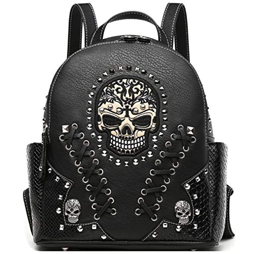 Sugar Skull Punk Art Rivet Studded Biker Purse Women Fashion Backpack Bookbag Python Daypack Shoulder Bag (Black)