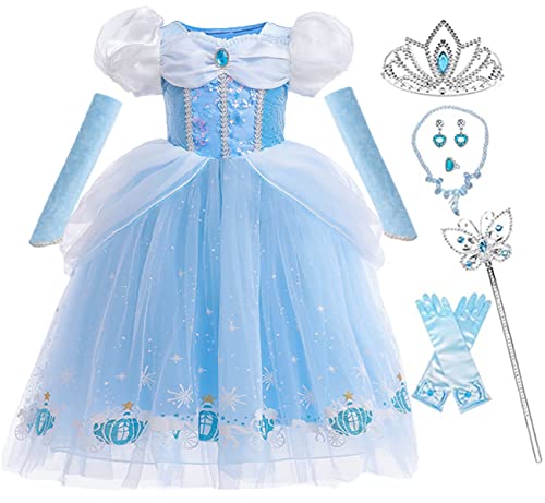 iTVTi Cinderella Princess Dress Girls Halloween Party Cosplay Costume Toddler Puffy Sleeve Blue Fancy Outfit, 5-6Y (Tag 130)