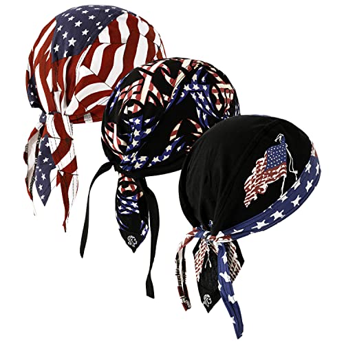 DOCILA 3 Pcs Do Rags for Men Classic Stripe & Star Print Skull Cap American Flag Bandana Hat Breathable Helmet Linner Beanie Patriotic Veterans Memorial Gifts Cycling Hats