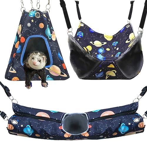 FULUE Ferret Rat Hammock Tent Hanging Tunnel Cage Accessories Set for Small Pets,Cage Decorations for Ferrets Rats (Galaxy Black)