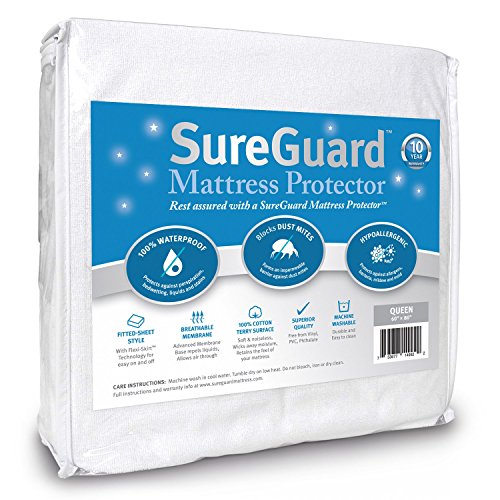 SureGuard Queen Size Mattress Protector - 100% Waterproof, Hypoallergenic - Premium Fitted Cotton Terry Cover White