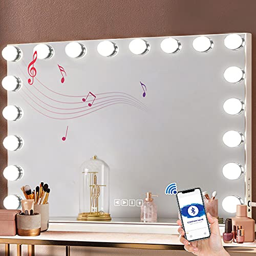 FENCHILIN Vanity Mirror for Makeup with Speaker Extra Large Hollywood Lighted Mirror with 18 Dimming LED Bulbs Smart, Tabletop/Hanging Cosmetic Mirror with Touch Screen & USB Charging Port