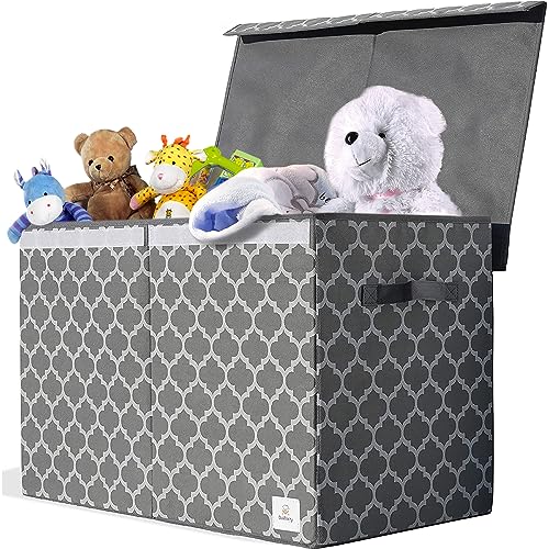 Large Toy Box Chest with Lid - Collapsible Sturdy Toy Bin Storage Organizer Boxes Baskets for Kids, Boys, Girls, Nursery, Playroom, Bedroom, 25'x16'x13', Grey