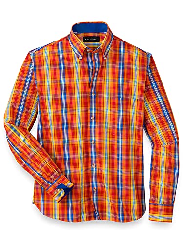 Paul Fredrick Men's Slim Fit Cotton Plaid Casual Shirt Orange Large SPT179L