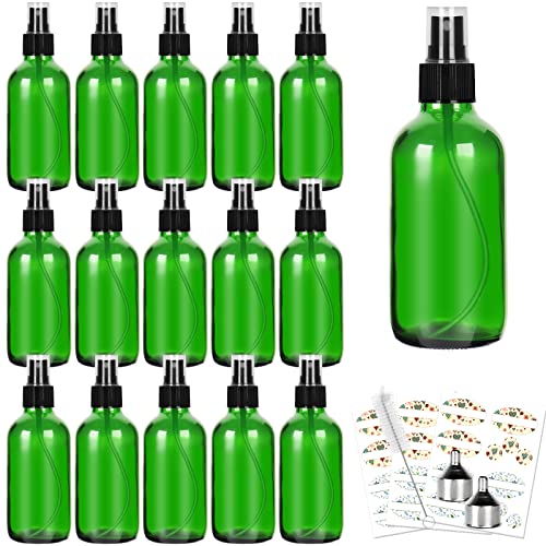 CycleMore 120ml 16 Pack 4oz Green Glass Spray Bottles with Fine Mist Sprayers, Glass Travel Bottles for Cosmetic, Essential Oils, Cleaning Solutions, Perfumes & More Liquids (1 Brush, 2 Funnels and 24 Labels Included)