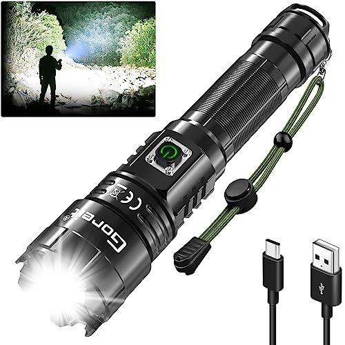 Goreit Flashlights High Lumens Rechargeable, 200000 Lumen XHP70.2 LED Flashlight USB Super Bright Flash Lights, High Powered Handheld Flashlights for Emergencies Camping, Waterproof, Adjustable Focus
