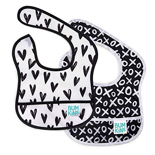 Bumkins Bibs, for Baby Girl or Boy, Infant 3-9 Months, Essential Must Have for Eating, Feeding, Baby Led Weaning, Mess Saving Waterproof Soft Fabric, Starter Bib 2-pk Hearts, XOXO Black and White