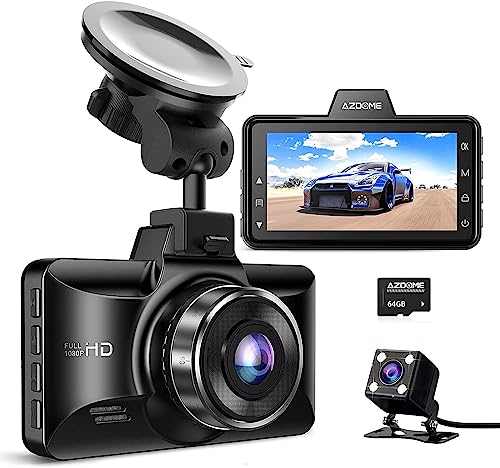 AZDOME Dual Dash Cam Front and Rear, 3 inch 2.5D IPS Screen Free 64GB Card Car Driving Recorder, 1080P FHD Dashboard Camera, Waterproof Backup Camera Night Vision, Park Monitor, G-Sensor, for Car Taxi