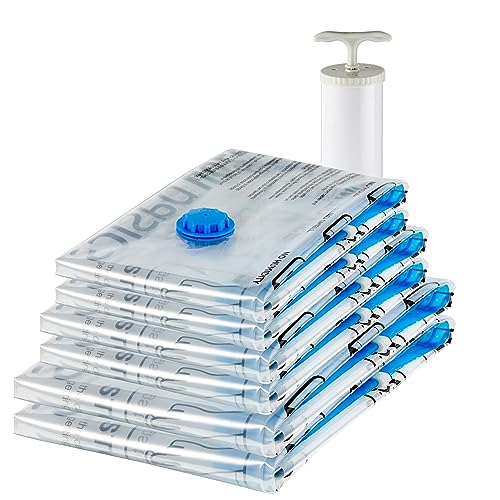 Amazon Basics Multiple Vacuum Compression Zipper Storage Bags with Hand Pump - 6-Pack (2 Jumbo, 2 Large, 2 Medium), Transparent
