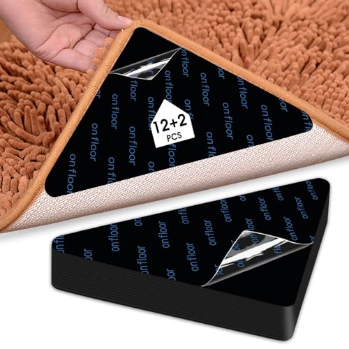 SESIIduo 12+2 PCS Gripper for Rug, Double Sided Rug Pads for Hardwood Floors, Washable Carpet Tape for Area Rugs, Rug Anti Slip Grips, Keep Your Carpet Squares Corners in Place and Flat