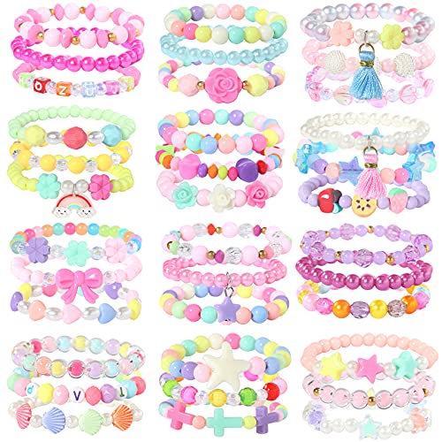 PinkSeep Beaded Bracelets for Kids- 12 Pack 36 PC, Little Girl Plastic Bracelets, Flower Butterfly Pink Bracelet, Party Favor