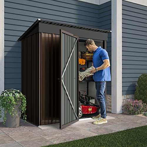 LEMBERI 5x3 FT Outdoor Storage Shed with Floor,Tool Garden Metal Sheds with Lockable Door,Outside Waterproof Galvanized Steel Storage House for Backyard Garden, Patio, Lawn Brown