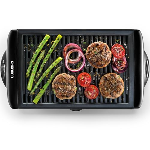 Chefman Electric Smokeless Indoor Grill w/Non-Stick Cooking Surface & Adjustable Temperature Knob from Warm to Sear for Customized BBQing, Dishwasher Safe Removable Water Tray, Black