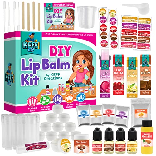 KEFF Lip Balm Kit – Make Your Own Lip Gloss for Kids, Girls & Teenagers - DIY Makeup Set Includes Beeswax, Shea Butter, Flavor Oils, Mica Color Powders & More