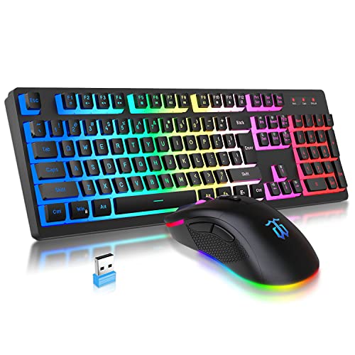 DGG Wireless Gaming Keyboard and Mouse Combo, RGB Rechargeable 3000mAh Battery, Pudding Keycaps Anti-ghosting Keyboard + 7D 4800DPI Vertical Feel Wireless Mouse for PC Gamer (Black)