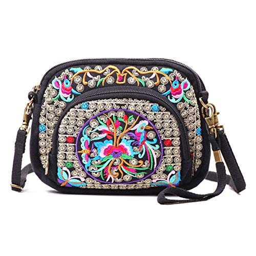 Women Bohemian Embroidered Small Cross-body Bag Cellphone Purse Smartphone Wallet Handbags Wristlet Bag with Adjustable Shoulder Strap(Black + Flower 03)