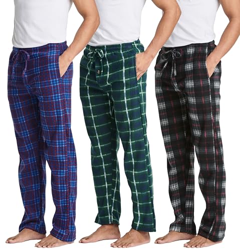 3 Pack: Mens Pajama Pants Lounge Fleece Buffalo Plaid Men PJ Bottoms Sleep Pockets Christmas Microfleece Men Pajamas Pjs Sleeping Sleepwear Night Knit Fluffy Winter Warm Sleeping Fuzzy SET 5-L