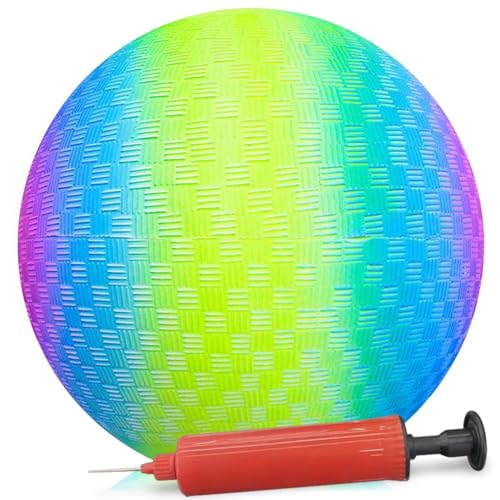 ArtCreativity Rainbow Playground Ball for Kids with Hand Pump, Bouncy 9 Inch Kick Ball for Backyard, Park, and Beach Outdoor Fun, Beautiful Colors, Durable Outside Play Toys for Boys & Girls