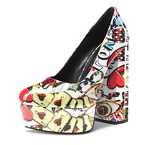 Aachcol Women Platform Chunky Block High Heel Pumps Slip-on Round Close Toe Dress Shoes Office Party Wedding Patent White Multicolor 5.5 Inch 9 US