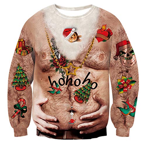 RAISEVERN Ugly Christmas Sweater for Men Women Funny Xmas Hairy Chest Bell Skull Santa Cat Beard Belt Sweatshirt Holiday Festive Long Sleeve Winter Ho Ho Ho Top