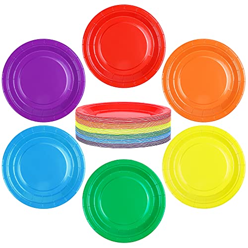ADXCO 72 Pieces 7 Inch Rainbow Paper Plates Colorful Disposable Party Paper Dessert Plates Rainbow Party Supplies for Birthday Party Supplies Holiday Picnic Baby Shower, 6 Colors