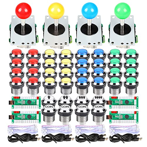 EG STARTS 4 Player LED Arcade DIY Kit USB MAME PC Game DIY & Raspberry Pi Retro Controller DIY Including 4x Arcade Joystick, 40x LED Chrome Arcade Buttons 4x Zero Delay USB Encoder