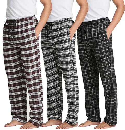 3 Pack: Mens Pajama Pants Cotton Super Soft Pajamas for Men Flannel Bottoms Fleece Buffalo Plaid Pj Gifts Lounge Pants Sleepwear Christmas Pijamas para Hombres Essentials Woven Button Fly,Set 2-L