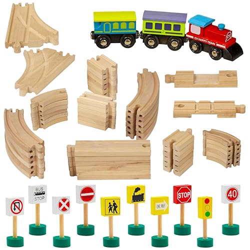Dragon Drew Wooden Toy Train Tracks | 65 Piece | Tracks, Train, and Street Signs | Fits All Major Toy Brands