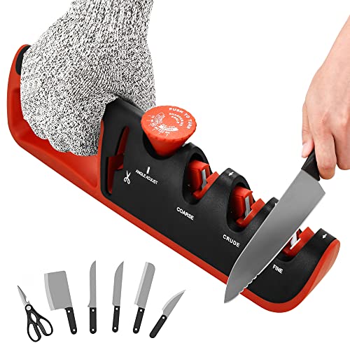 4 in 1 Knife Sharpeners, Professional Sharpening Sharpener 6 Step Adjustable Angle Guide Knives Sharper Tool for Chef's Kitchen Knife and Scissors（Red）