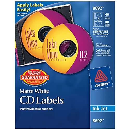 Avery CD Labels, Print to The Edge, Permanent Adhesive, Matte, 40 Face Labels & 80 Spine Labels (8692)