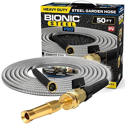 Bionic Steel PRO Garden Hose - 304 Stainless Steel Metal 50 Foot Garden Hose – Heavy Duty Lightweight, Kink-Free, and Stronger Than Ever with Brass Fittings and On/Off Valve – 2021 Model