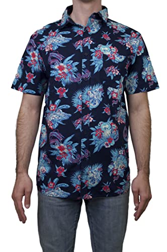 STAR WARS Men's R2-D2 and Millennium Falcon Hawaiian Print Button Down Shirt - Navy - X Large