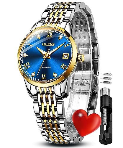 OLEVS Women Automatic Watches Diamond Self Winding Mechanical Wrist Watch Ladies Luxury Dress Two Tone Stainless Steel Blue Date Day Watch Gift