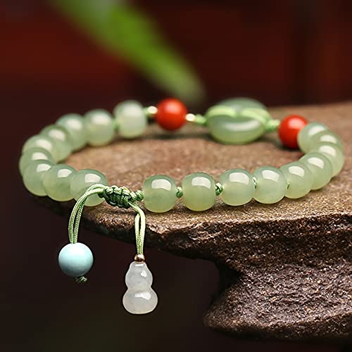 LOTONTJ Feng Shui Wealth Bracelet Healing Crystal Jade 7A Hetian Nephrite Jade Bracelet Dewy Moss Green Chakra Gems Wu Lou/Gourd Harmony Buckle Ancient Coin Charm Prosperity Wealth Longevity