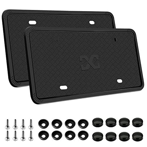 XCLPF Silicone Black License Plate Frame Covers 2 Pack- Front and Back Car Plate Bracket Holders. Rust-Proof, Rattle-Proof, Weather-Proof (Black)