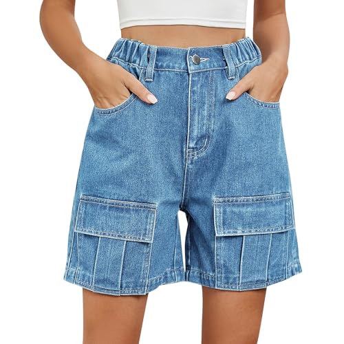 Women's Cargo Bermuda Shorts Elastic Waist Knee Length Multi-Pockets Short Pants Hiking Athletic Golf Shorts #13Blue Large