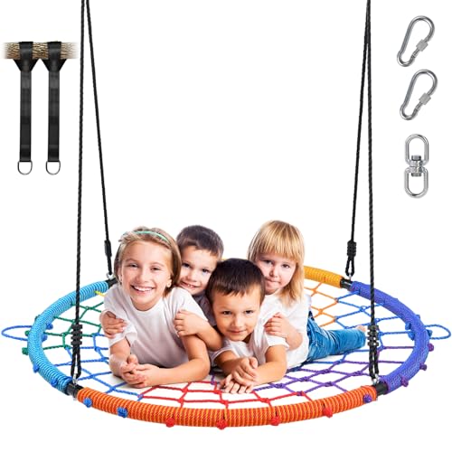 Trekassy 750lbs Spider Web Tree Swing 45 inch for Kids Adults with Swivel, 2pcs Tree Hanging Straps, Steel Frame and Adjustable Ropes-Rainbow