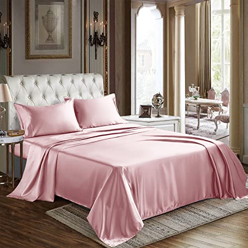 CozyLux Satin Sheets Queen Size - 4 Piece Pink Bed Sheet Set with Silky Microfiber, 1 Deep Pocket Fitted Sheet, 1 Flat Sheet, and 2 Pillowcases - Smooth and Soft