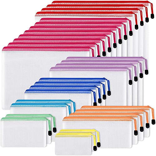 EOOUT 30pcs Mesh Zipper Pouch, Waterproof Zipper Bags, 8 Sizes Waterproof Plastic Document Pouch, 8 Colors, Multipurpose for Travel Storage, School Supplies, Office Appliances and Home Organization