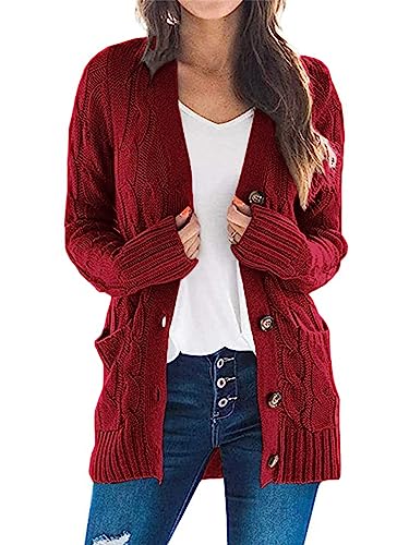 PRETTYGARDEN Women's Open Front Cardigan Sweaters Fashion Button Down Cable Knit Chunky Outwear Coats (Wine Red,Medium)