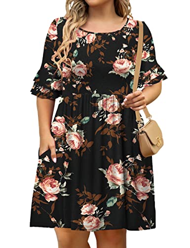 Tralilbee Women's Plus Size Short Sleeve Floral Swing Dress with Pockets 06 3XL
