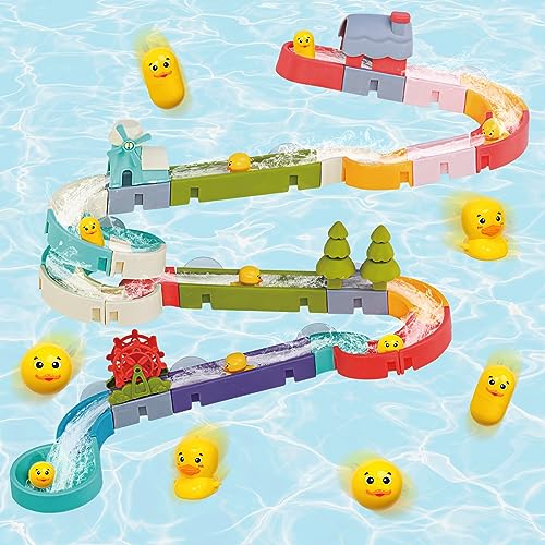 52 PCS Duck Slide Bath Toys for Kids Ages 4-8, Wall Track Building Set for 5-7 Years Old, Fun DIY Kit Birthday Gift for Toddler Boys & Girls