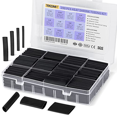 TKDMR 390 PCS Heat Shrink Tubing Kit - 1.75' Length,3:1 Ratio Adhesive Lined, Marine Grade Shrink Wrap - Industrial Heat-Shrink Tubing - Black