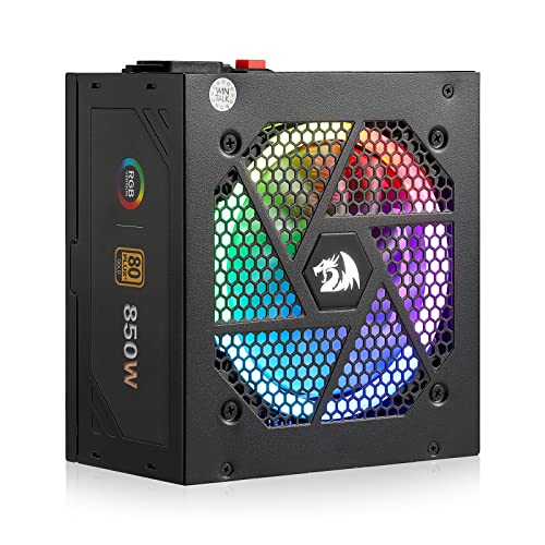 Redragon PSU007 80+ Gold 850 Watt ATX Fully Modular Power Supply w/ 80 Plus Gold Certified, Compact 160mm Size and Low Noise RGB Fan 0 RPM, 100% Japanese Capacitors, Full Mod Cables