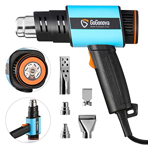1800W Heat Gun, GoGonova Heavy Duty Soldering Hot Air Gun, Stepless Adjustment 122℉ to 1202℉ with Application Icon, Dual Airflow, Compact Design with 5 Nozzles for Shrink Tubing, Wrap, Crafts(Blue)