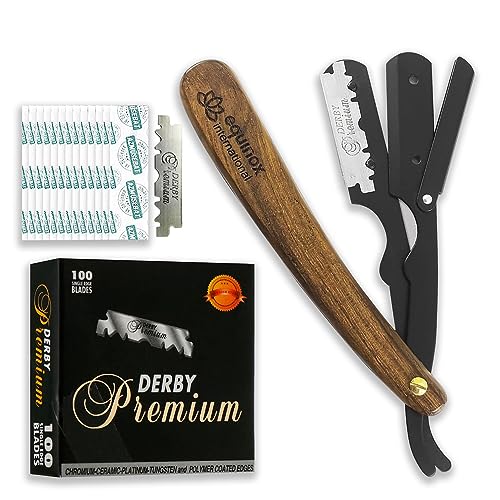 Equinox Straight Edge Razor - Includes 100 Single Derby Blades -Manual Shaver for Men - Stainless Steel with Wooden Handle - Barber Kit - Hair Blade Razor - Perfect for Hairline