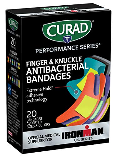 Curad Performance Series Ironman Fingertip and Knuckle Antibacterial Bandages, Extreme Hold Adhesive Technology, Fabric Bandages, 20 Count (Pack of 1)