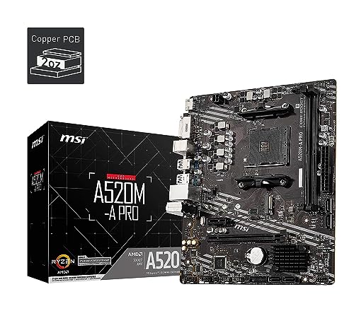MSI A520M-A PRO Gaming Motherboard (AMD Ryzen 5000, AM4, DDR4, PCIe 3.0, SATA 6Gb/s, M.2, USB 3.2 Gen 1, DVI/HDMI, Micro-ATX)
