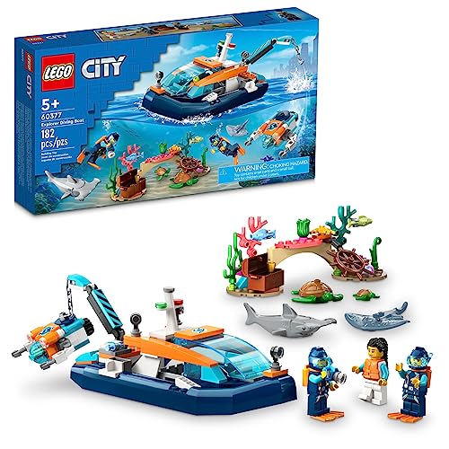 LEGO City Explorer Diving Boat 60377 Ocean Building Toy, Includes a Coral Reef Setting, Mini-Submarine, 3 Minifigures and Manta Ray, Shark, Crab, 2 Fish and 2 Turtle Figures
