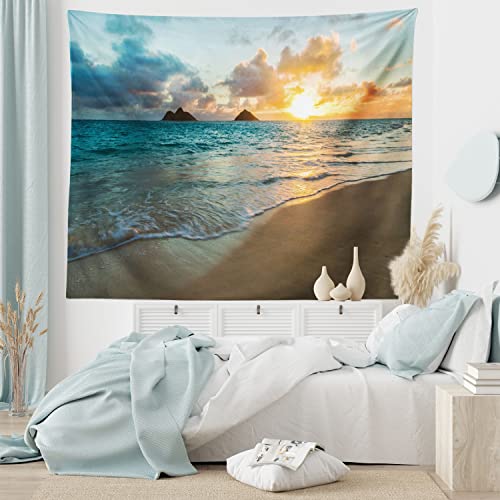 Ambesonne Hawaiian Tapestry, Scenic Sunrise Over Ocean Rocks Sand Clouds Sunshine Tide Sunbeam Seashore, Wide Wall Hanging for Bedroom Living Room Dorm, 80' X 60', Turquoise Yellow